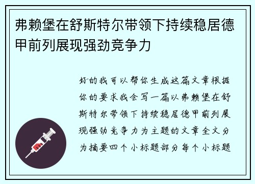 弗赖堡在舒斯特尔带领下持续稳居德甲前列展现强劲竞争力